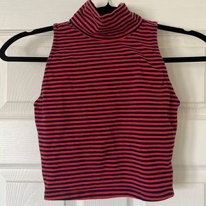 I Love H81 Sleeveless Red and Navy Blue Striped Turtleneck Cropped Top Size S